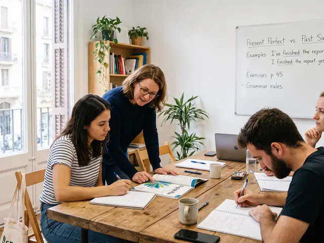 Profesora de una academia de idiomas corrigiendo a una alumna mientras el resto del grupo trabaja en clase